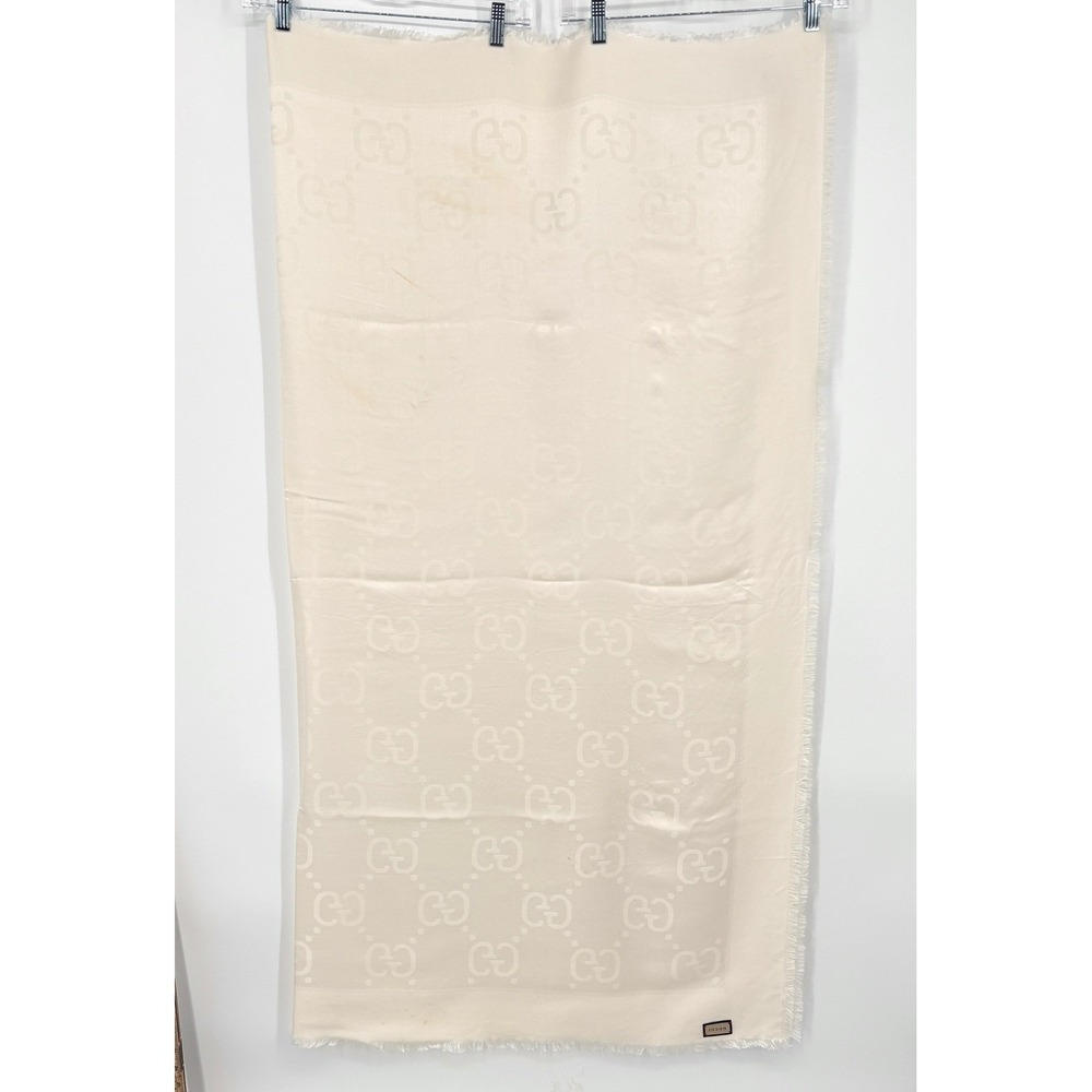 GUCCI GG Jacquard Silk Wool Shawl Scarf Ivory White Italy Large 140x140cm - Picture 9 of 11